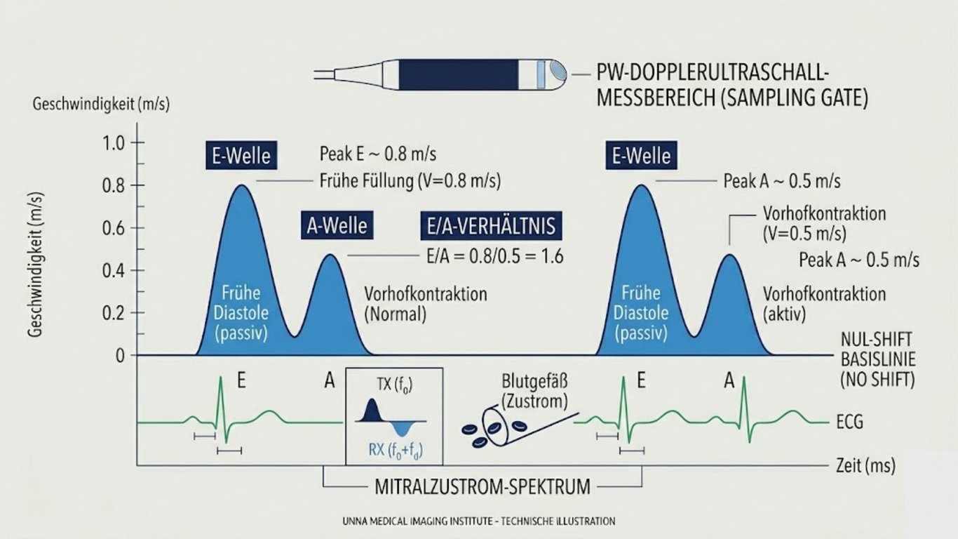Doppler-Spektrum E- und A-Wellen – diastolische Funktion Echokardiographie