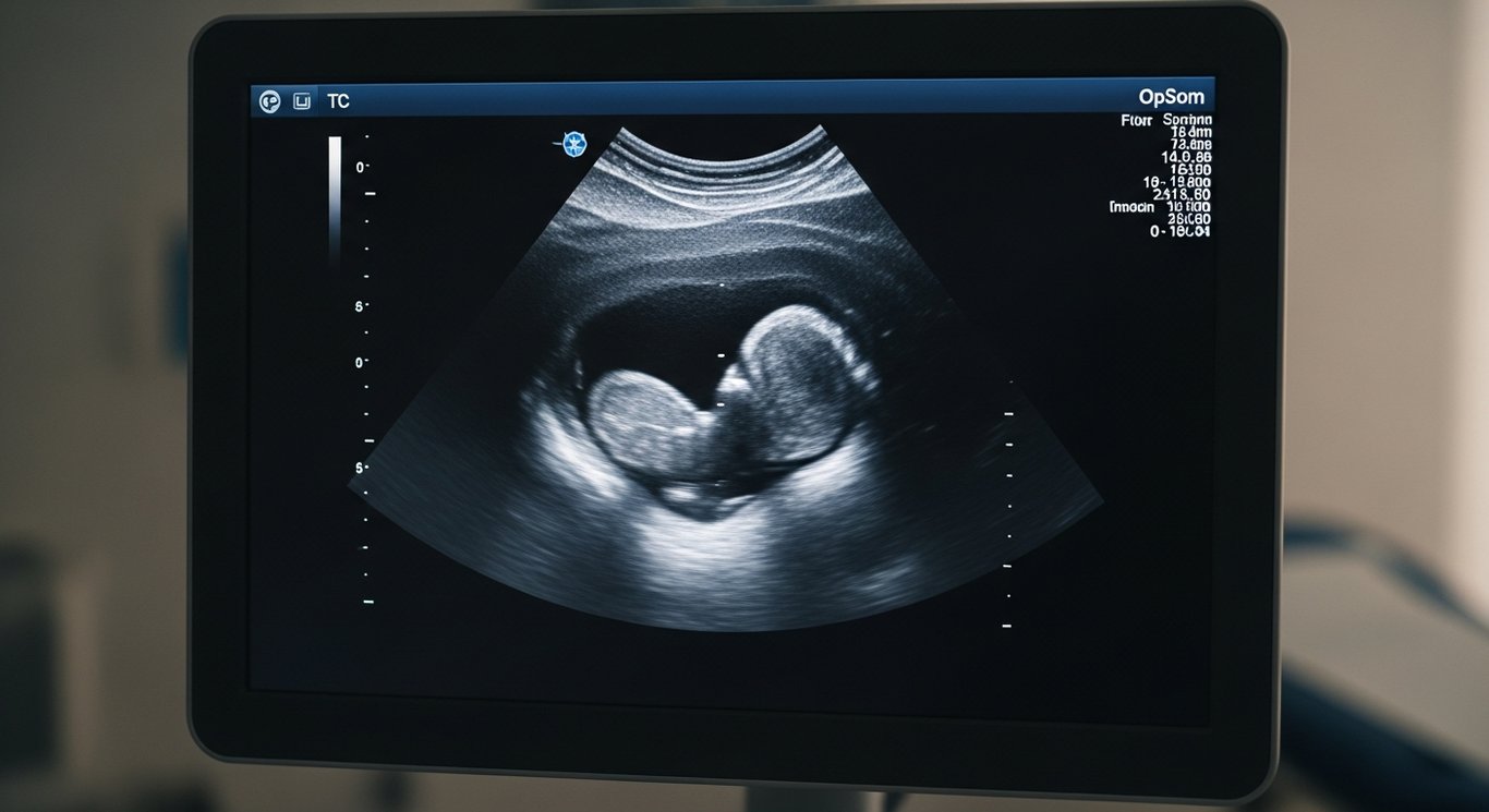 Vaginaler Ultraschall — transvaginale Sonographie des Uterus und Endometriums auf dem Monitor eines gynäkologischen Ultraschallgeräts