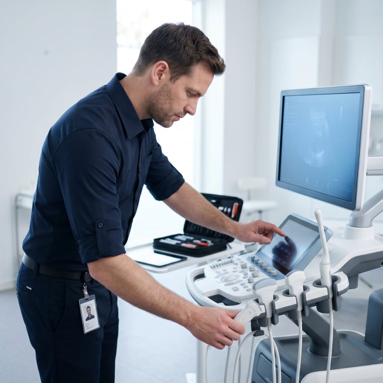 Service-Techniker bei der Wartung eines Ultraschallgeräts