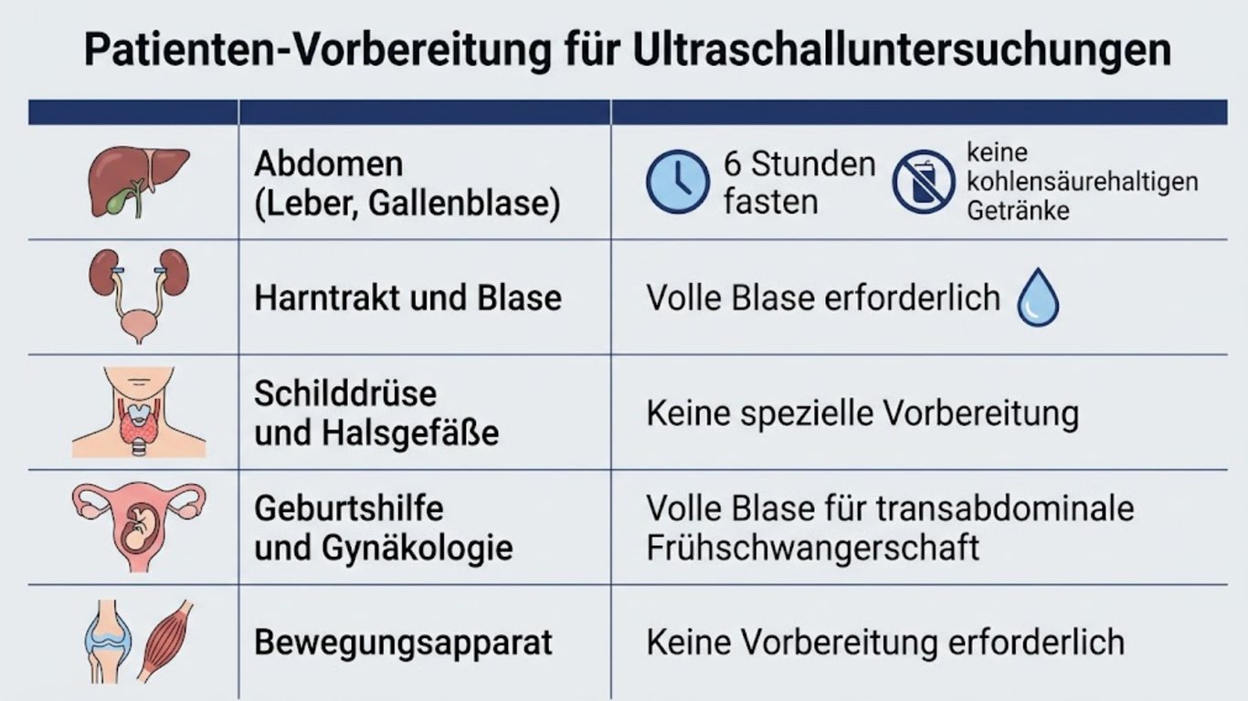 Patientenvorbereitung für die Sonographie — Übersicht nach Untersuchungsart