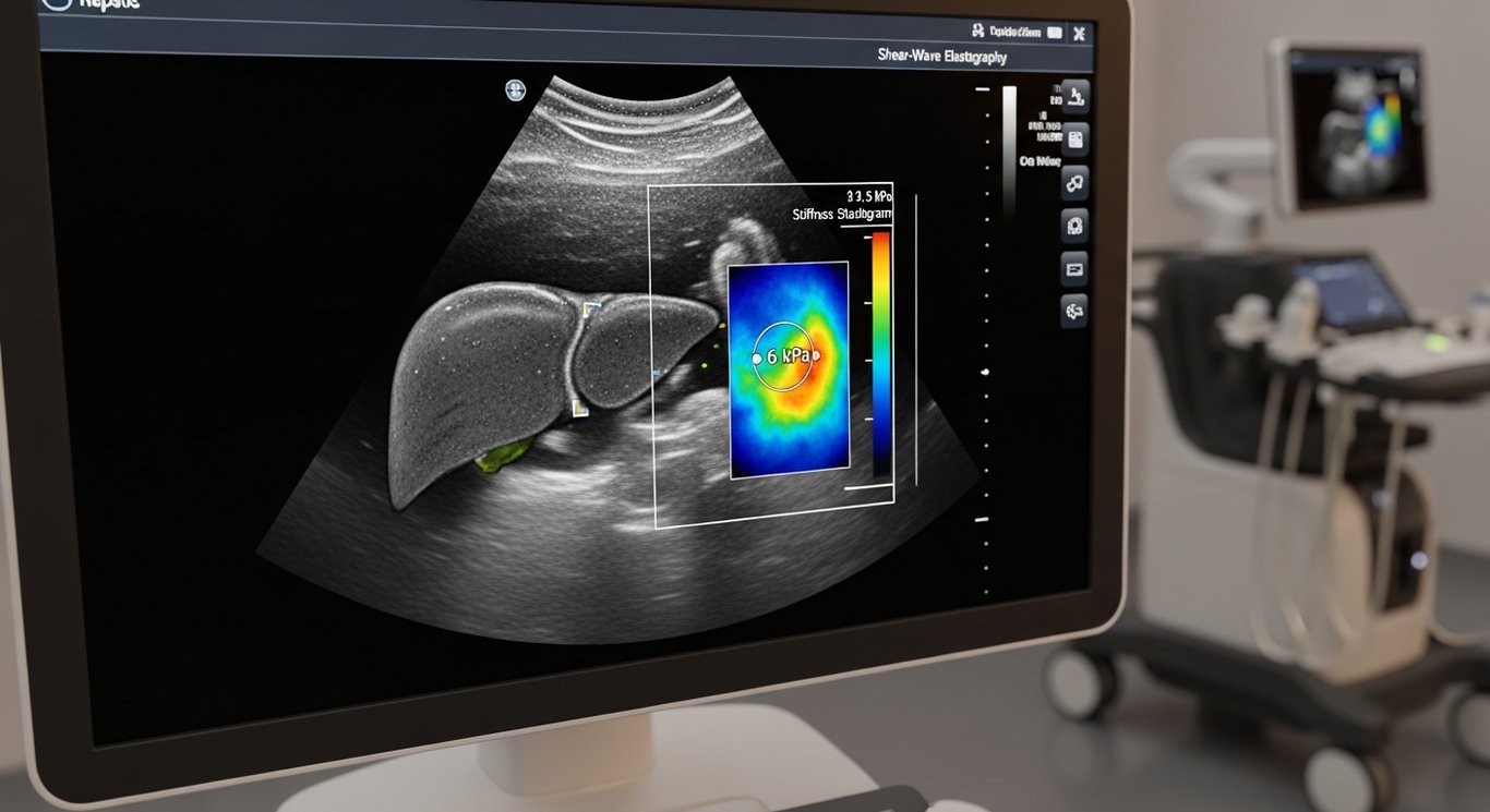 Leber-Elastographie — Lebersteifigkeitsmessung mit farbcodiertem Scherwellen-Elastogramm und kPa-Wert auf dem Ultraschallmonitor