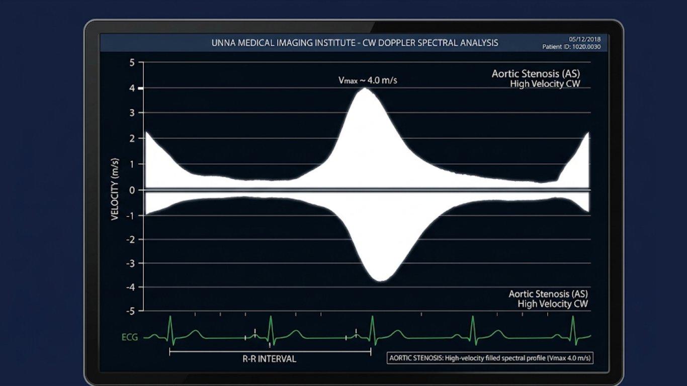 CW-Doppler Spektralkurve — gefüllte Darstellung bei Aortenstenose