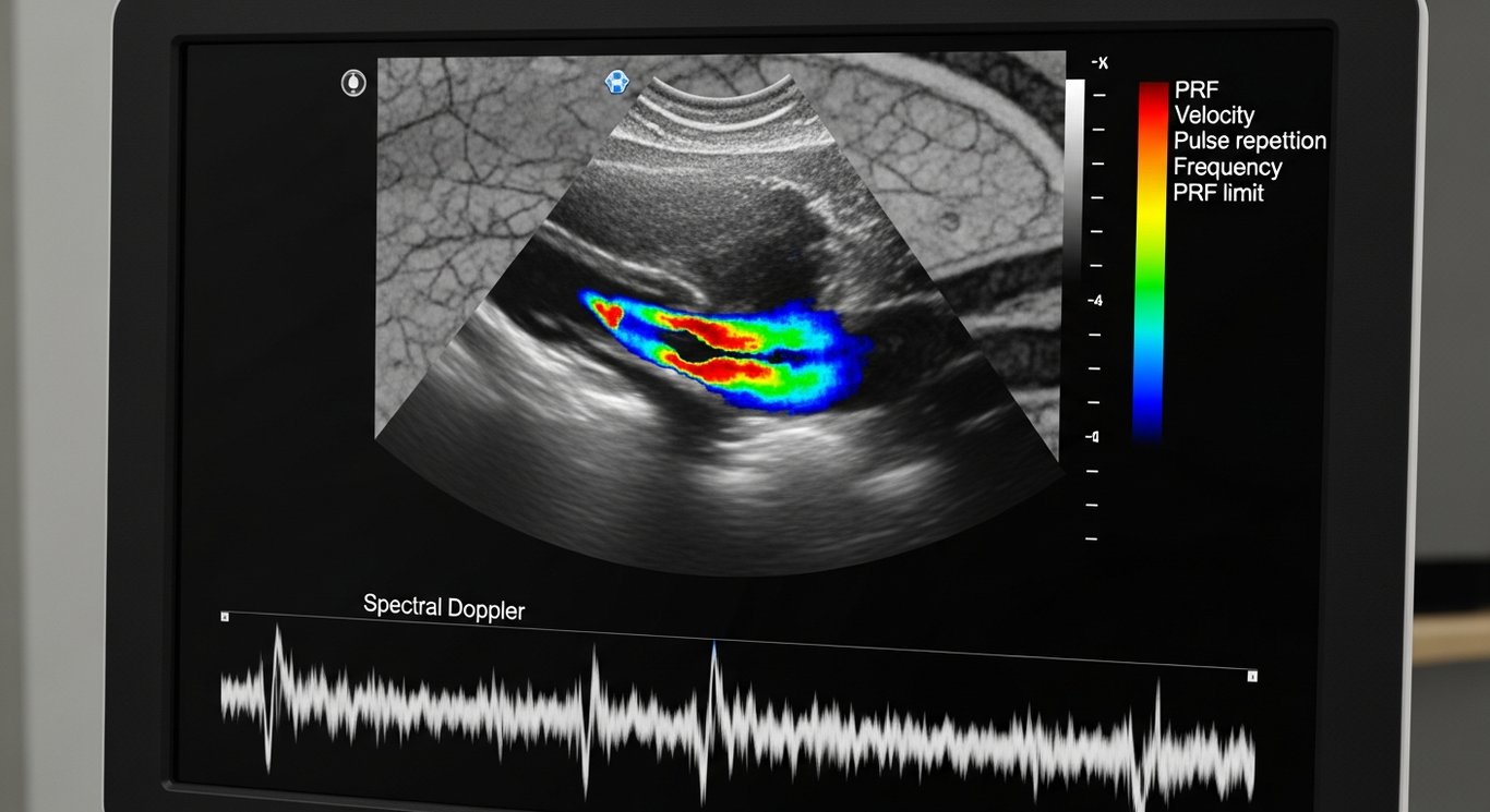 Farbduplexsonographie — Color-Doppler-Aliasing als Farbmosaik im Gefäß mit sichtbarer PRF-Skala und Spektral-Doppler-Kurve