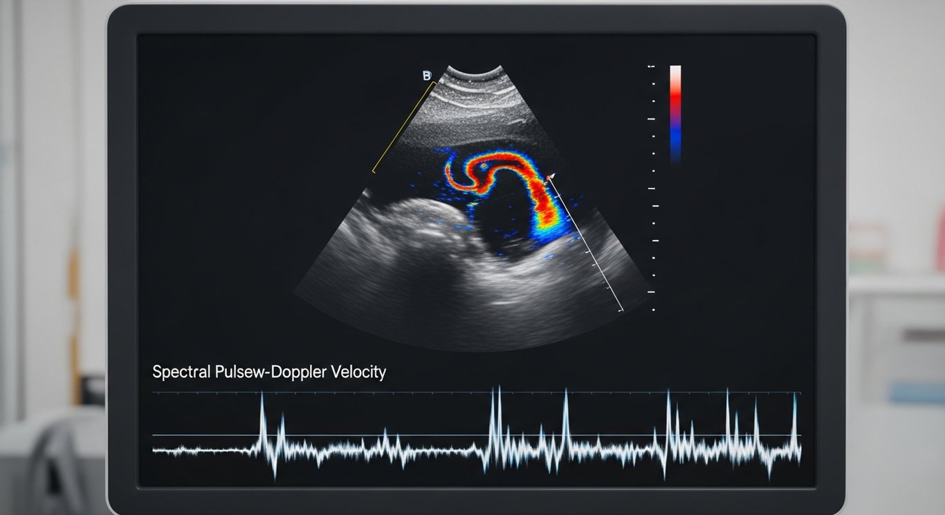 Farbkodierte Duplexsonographie (FKDS) — Farbdoppler-Flussbild eines peripheren Gefäßes mit spektraler PW-Doppler-Kurve
