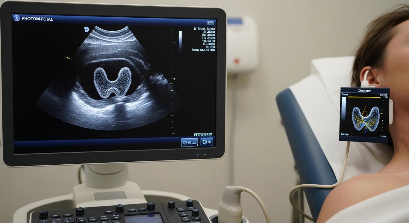 Schilddrüsen-Sonographie — B-Mode-Ultraschall der Schilddrüse mit Hochfrequenz-Linearschallkopf und Farbdoppler
